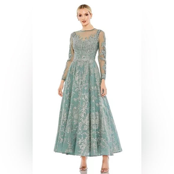 Mac Duggal Dresses & Skirts - Mac Duggal Women's Embellished Bow Belt Illusion Long Sleeve A Line Dress 20337